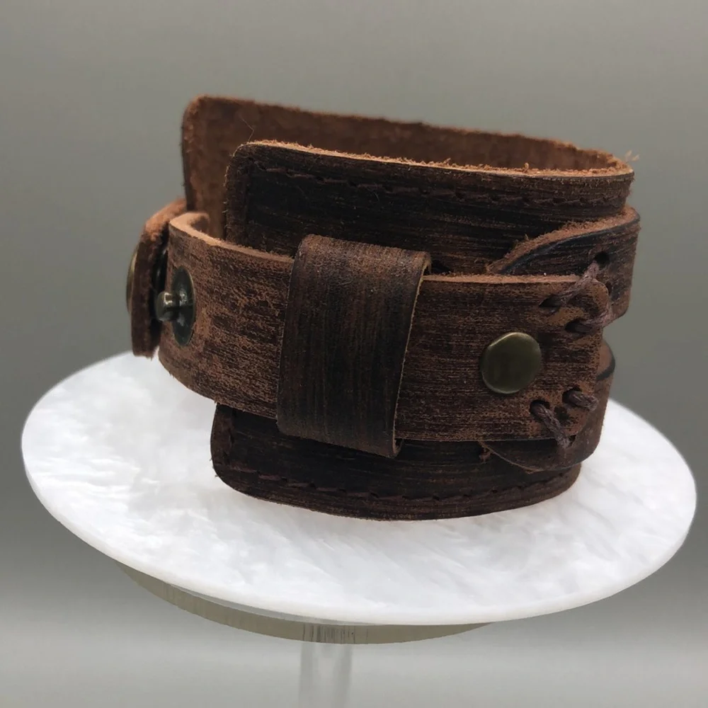 Brown leather artisan handcrafted handmade wide bracelet UNISEX New NWOT